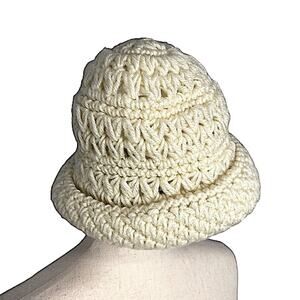Betmar Vintage Boho Acrylic Rolled Beanie Hat Crocheted Ivory Women's One Size